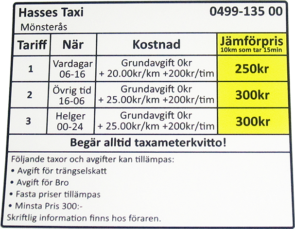 Prisinfo Hasses Taxi Mönsterås